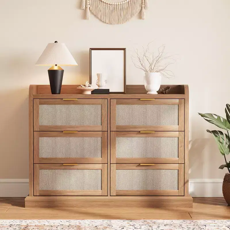 6 Drawer Dresser for Bedroom, 47.2W Rattan Chest of Drawers with Metal Handles, Wooden Clothes Storage Organizer, Dresser TV Stand for Hallway
