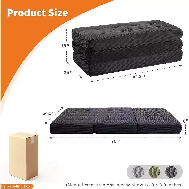 6-Inch Tri-Fold Mattress, Foldable Floor Sofa Bed with High-Density Support Foam, Portable Guest Bed for Camping, Living Room, Soft Corduroy Fabric