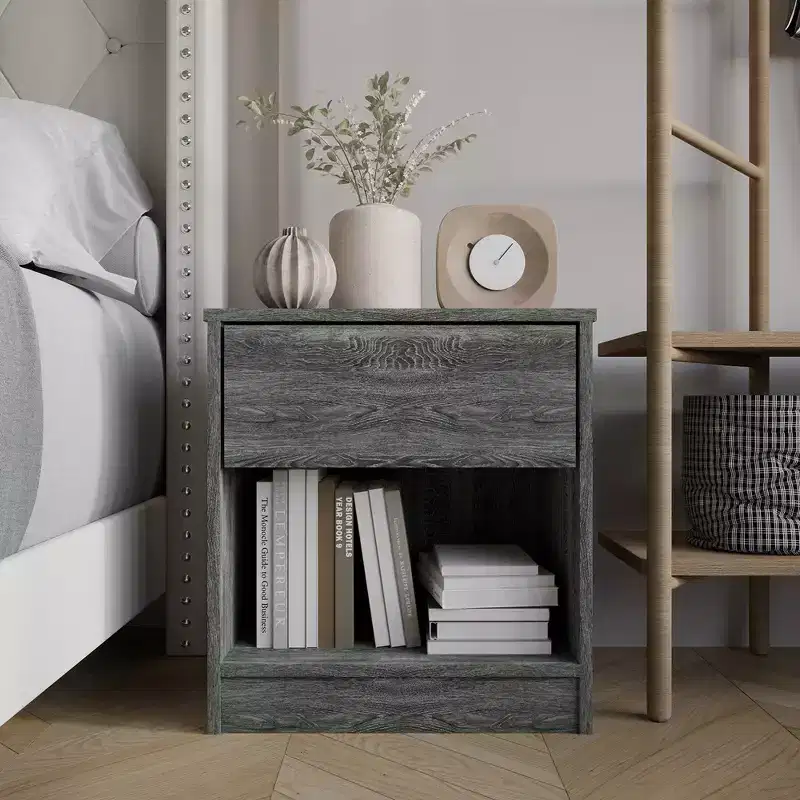 1-Drawer Wood Nightstand with Open Shelf, Mid-Century Modern Bedroom Side Table
