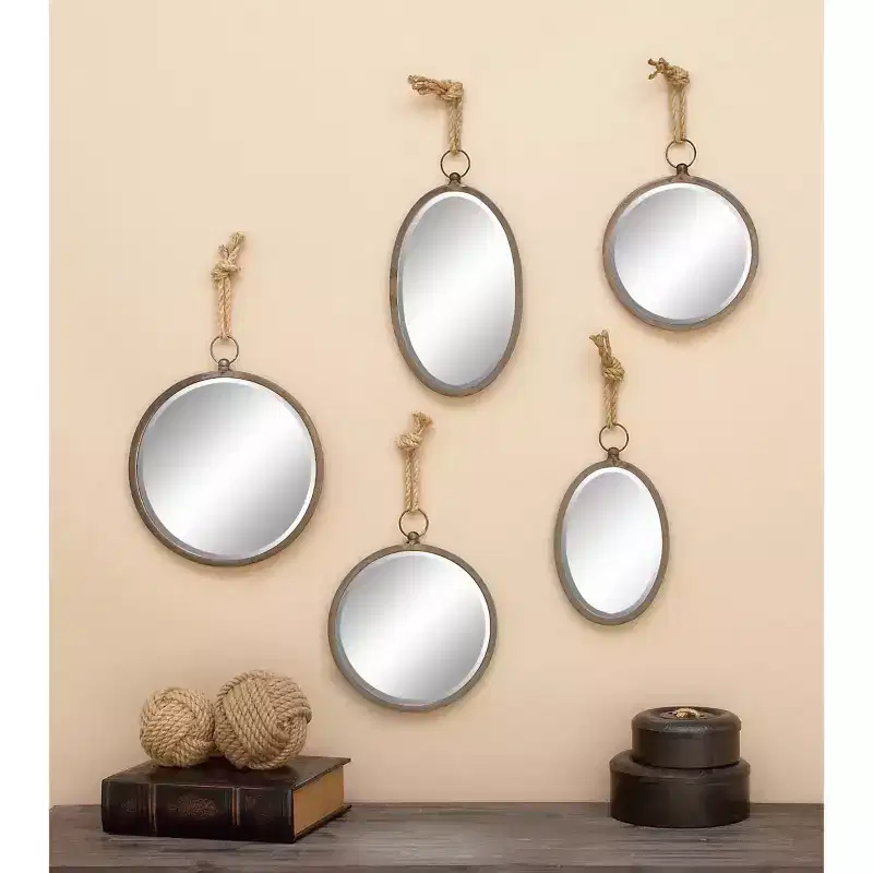 Set of 5 Metal Wall Mirrors with Hanging Rope Gray - Olivia & May