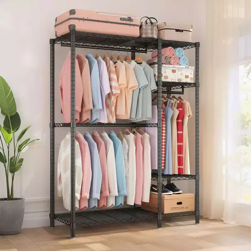 Okak Heavy Duty Storage Rack with 6 Adjustable Wire Shelving, Freestanding Coat Rack with 3 Clothes Rails, Hall Tree for Living Room, Bedroom, Black