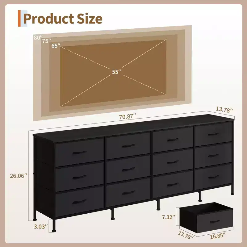 COZONY 70.8 12 Drawer Fabric Dresser TV Stand for 65-80 Inch TV, Wide Storage Organizer with Wood Top for Bedroom