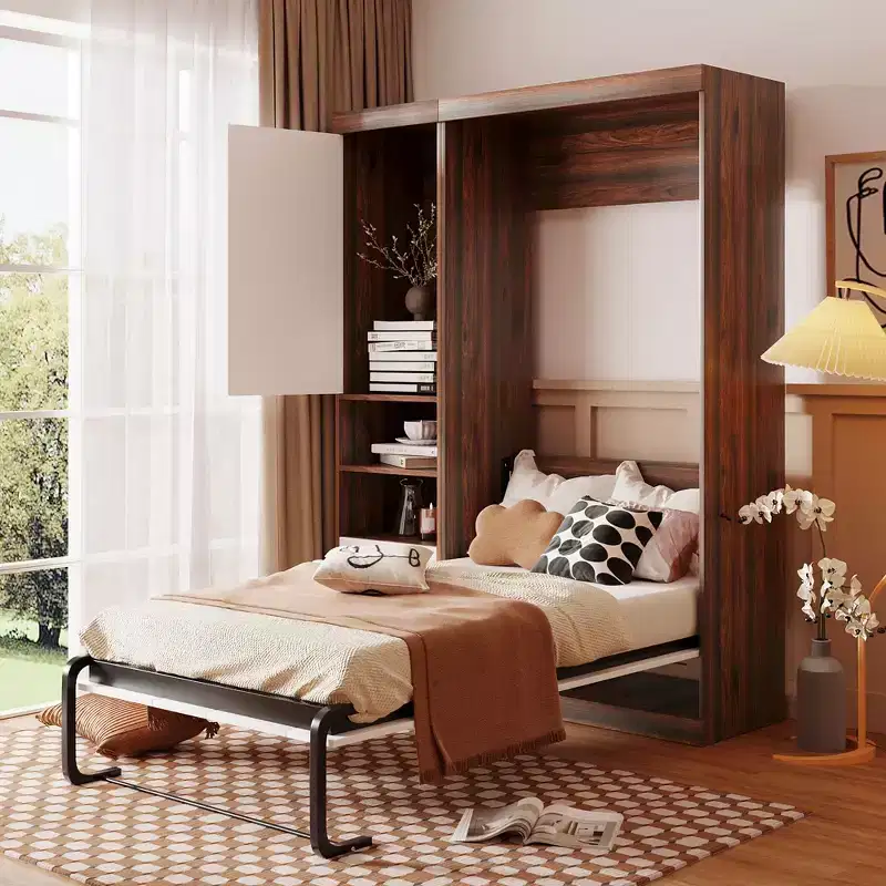 Twin/Full Wood Murphy Bed with Cabinet, Foldable Wall Bed Murphy Bed Cabinet with Storage Shelves for Guest Room