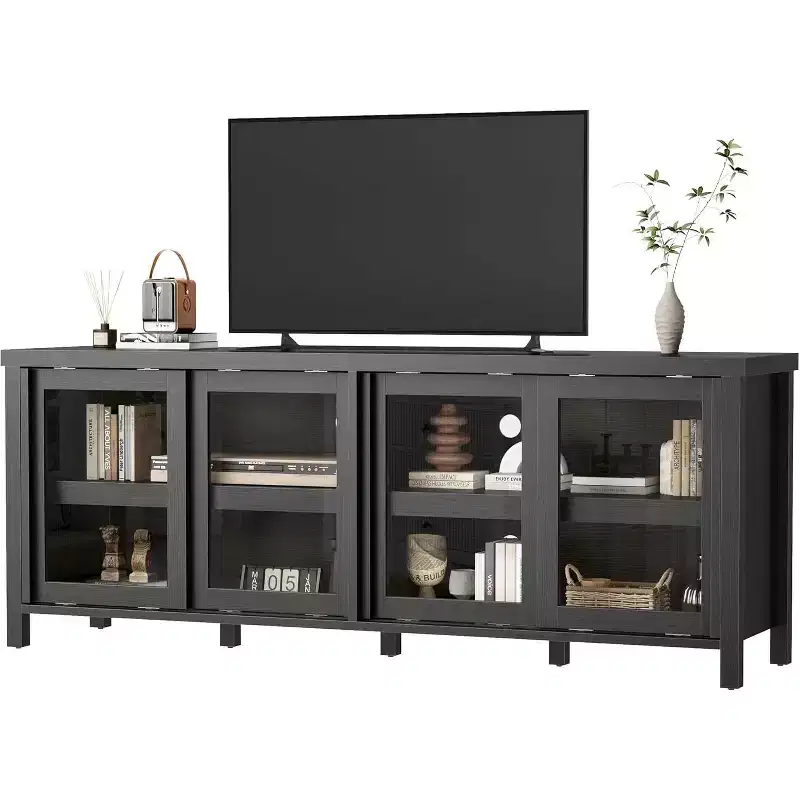 65 Inch TV Stand, Entertainment Center with Storage and 4 Sliding Glass Doors, Mid-Century Modern Media TV Console Table for Living Room