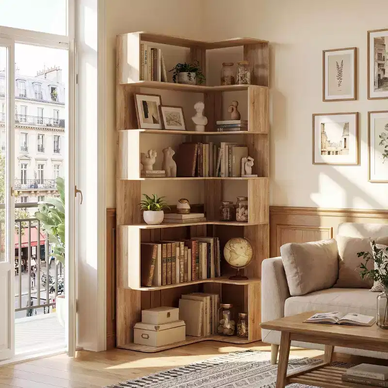 Famapy Light Wood Interlocking 6-Tier Corner Bookshelf & Display Rack