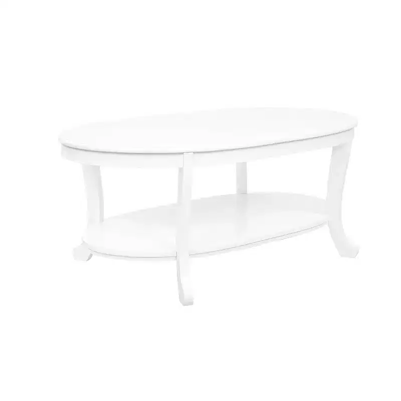 Dermott Traditional Oval Coffee Table with Bottom Shelf Rustic White - Powell