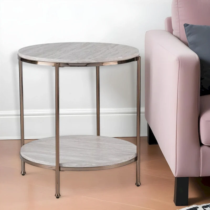 HomeRoots 24 Champagne Faux Marble And Iron Round End Table With Shelf - 22x22x24.25