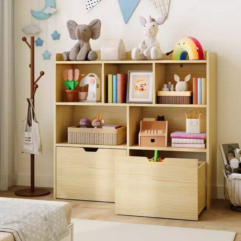 Storage Organizer with Movable Drawers, Kids Bookshelf with Hidden Wheels and 5 Open Cubbies, Multifunctional Storage Cabinet Chest for Playroom