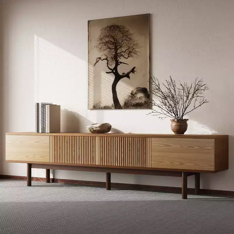 Mid-Century Modern 86.6 Solid Wood TV Stand, Media Console with Storage Space, Natural Color