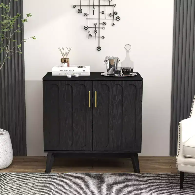 Mid Century Modern Fluted Sideboard Cabinet with Adjustable Storage, Solid Wood Bar Buffet Cabinet for Kitchen Dining/Living Room