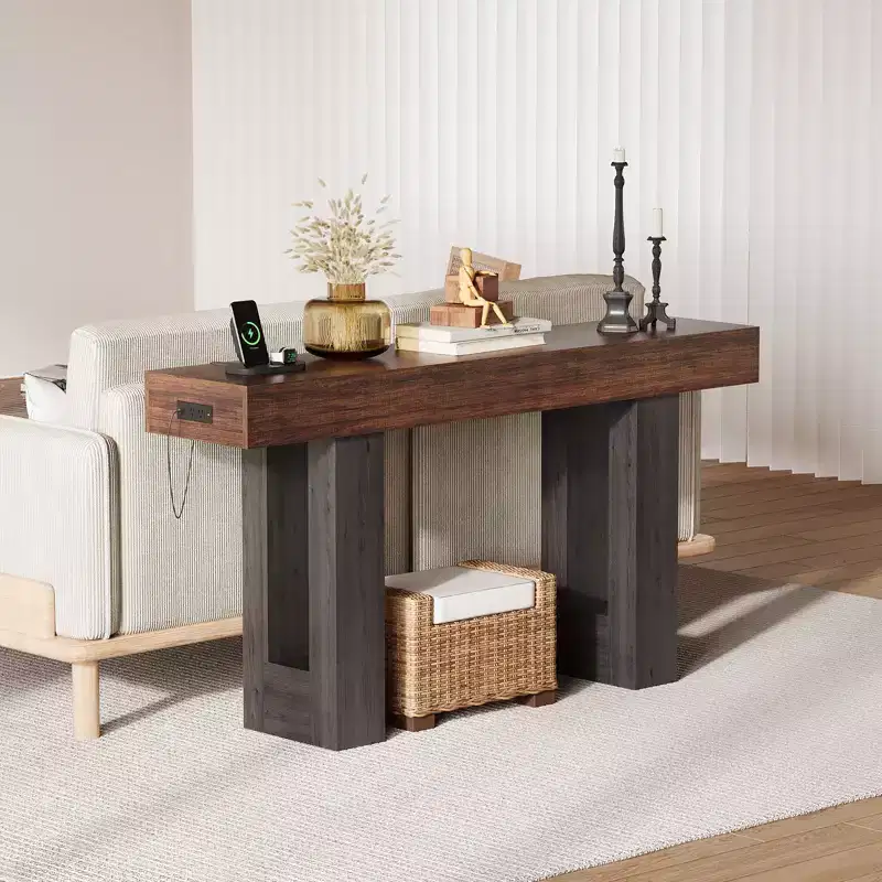 Extra Long Sofa Console Table with Power Outlet, USB & Type-C Ports, Slim Narrow Entryway Table for Hallway, Behind Couch or Living Room