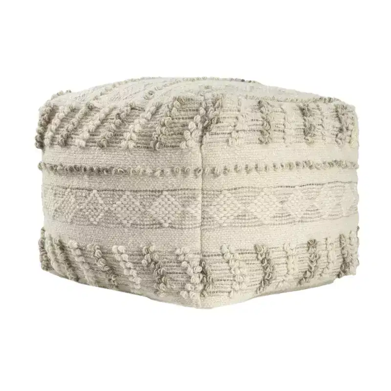 HomeRoots 18 Ivory and Natural Cotton And Wool Striped Pouf Ottoman