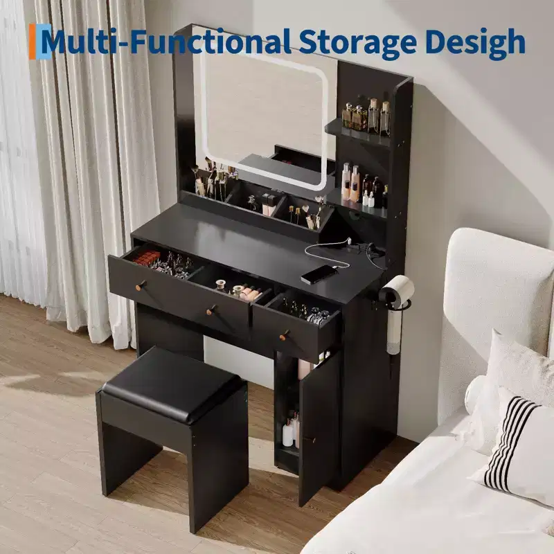 GustoWave Modern Makeup Vanity with Lights and Mirror Vanity Table with Hair Dryer Holder, Storage Drawers and Shelves with Stool, Black