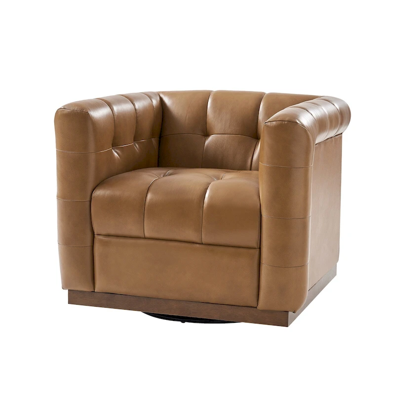 JeremiasMid-certury Modern GenuineLeatherTufted SwivelClubChair with Wooden Apron by HULALA HOME