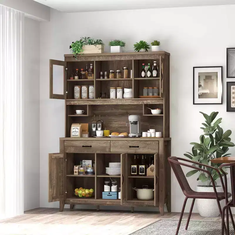 Kitchen Pantry Cabinet with Microwave Countertop, Double Glass Doors & 2 Drawers