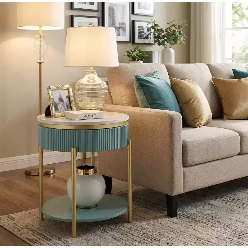 Round End Table with Faux Marble Top, Metal Frame, Storage Drawer and Open Bottom Shelf