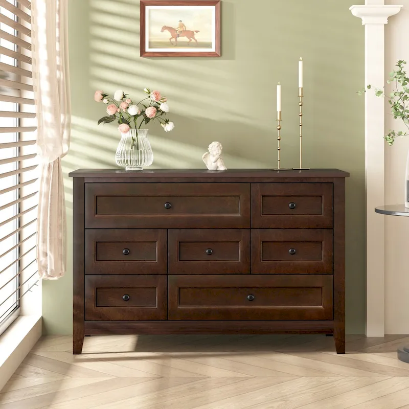 Solid Birch Wood Buffet Console with Drawers & Soft-Close Slides – Brown / Walnut, Multi-Layer Spray Finish