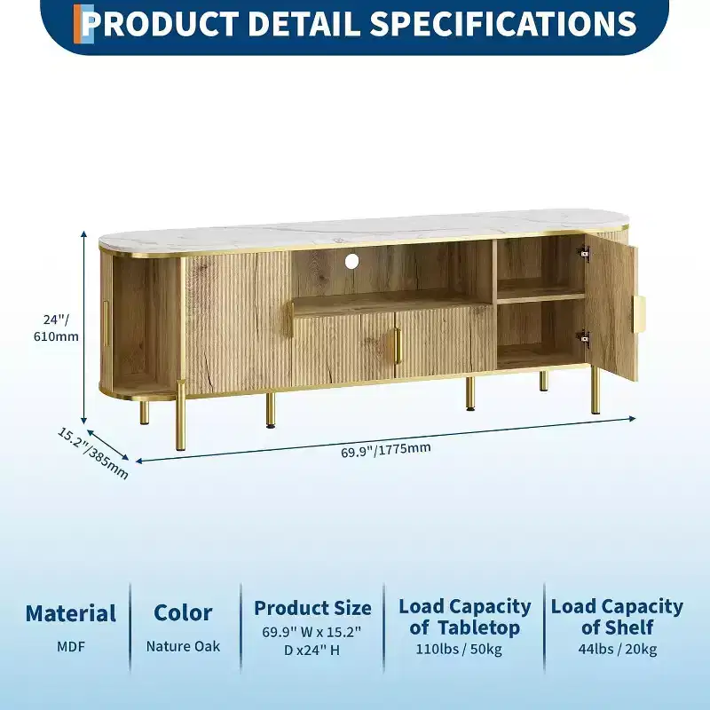 MDF Round Wave Pattern Four-Door TV Stand 70 Large Luxury Entertainment Center, Adjustable Shelves
