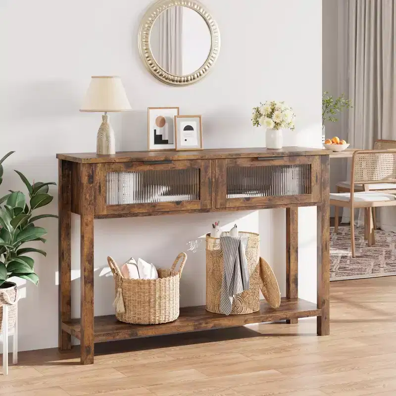 Farmhouse 2-Tier Console Table. Narrow Storage Sofa Table with Glass-Front Drawers & Open Shelf for Entryway. Living Room. Hallway