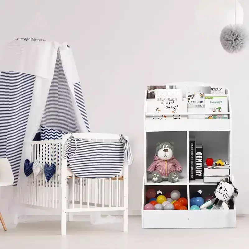 Kids Toy Organizer & Bookshelf – 3-Tier Sling Book Rack with Storage Bins, Pine Wood