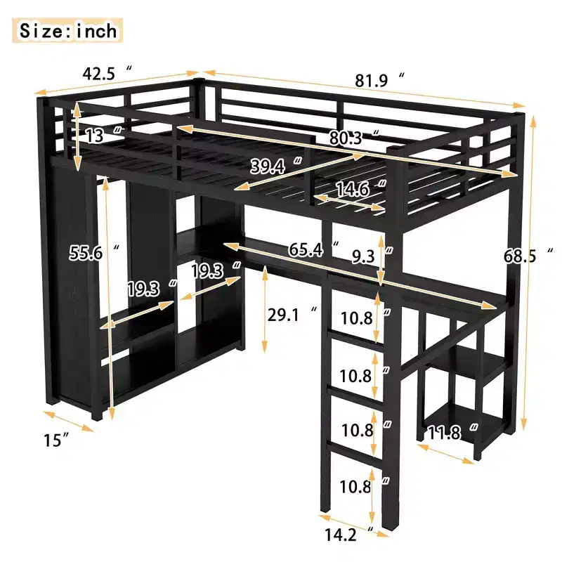 Twin XL Size Loft Bed Frame with Built-in Wardrobe Metal Loft Bed with Desk and Storage Shelves Black