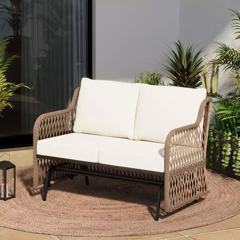LAUSAINT HOME 2 Person Outdoor Ratten Patio Swing Glider Rattan Rocking Chair with Cushion