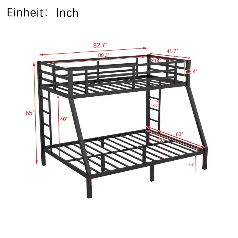 Twin XL Over Queen Bunk Bed for Adults, Heavy Duty Metal Frame with 2 Ladders, Noise-Free Design, Black