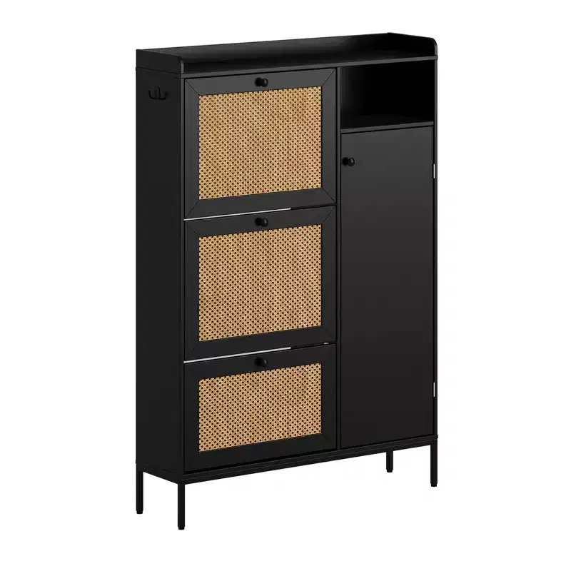 CuisinSmart 3 Tier Free Standing Shoe Cabinet with Natural Rattan, Shoe Organizer with Adjustable Shelves, Narrow Shoe Rack for Hallway, Black