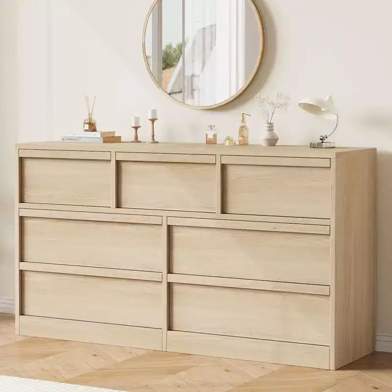7 Drawer Dresser for Bedroom - 54 Wide Natural Oak Chest of Drawers with Large Storage, Wooden Organizer for Living Room, Nursery, Entryway