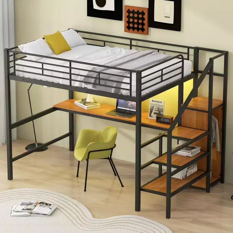 Okak Full Size Metal Bunk Bed with Desk & Storage Staircase & Safety Fence Loft Bed with Small Wardrobe & LED for Kids Teens Easy Assemble