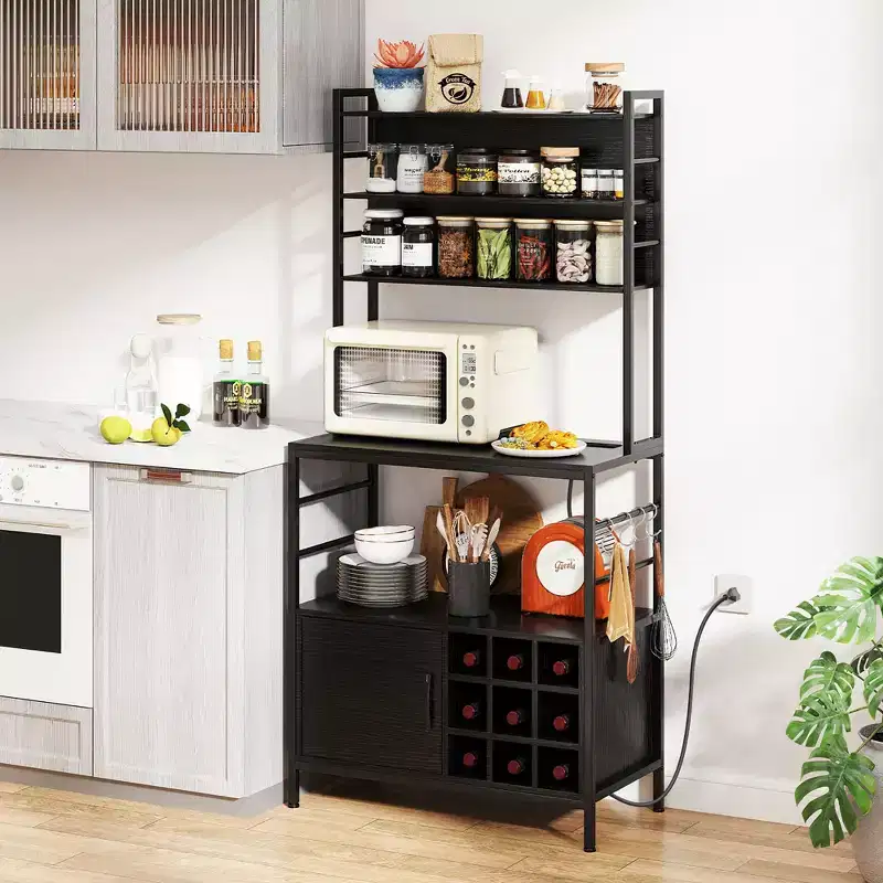 Costway 67 Bakers Rack w/ Power Outlet Coffee Bar Cabinet w/ S-Shaped Hooks