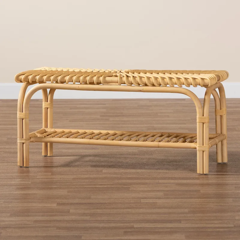 Himari Modern Bohemian Natural Brown Rattan Accent Bench