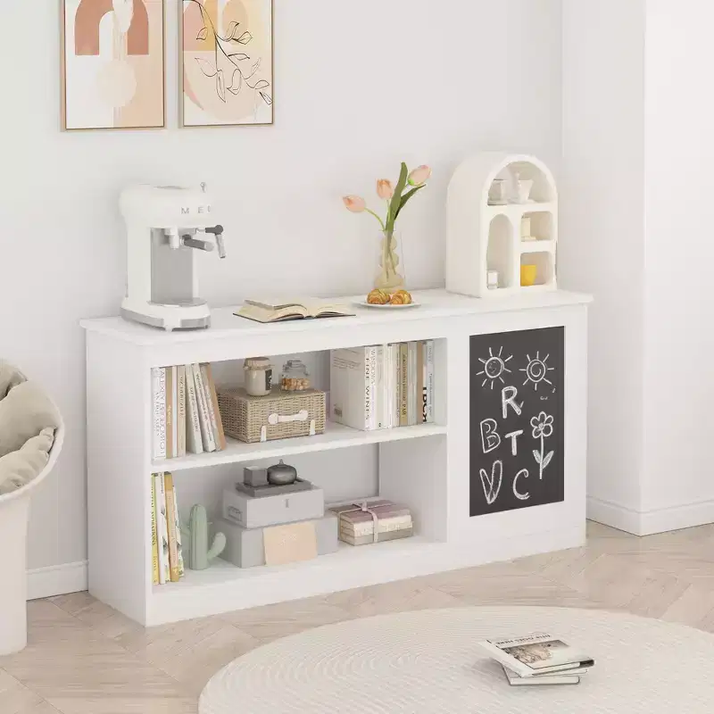 3-in-1 Kids Bookshelf and Toy Storage Cabinet with Chalkboard C Modern White Organizer for Playroom