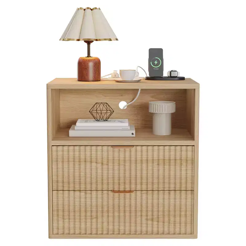 Fluted Farmhouse Night Stand with Charging Station 23 Mid-Century Modern 2-Drawer End Table for Bedroom