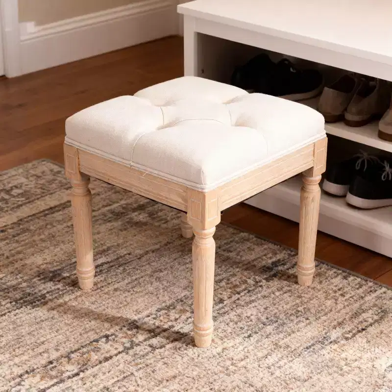 TUYOHW 15.75 Square Fabric Ottoman with Rubber Wood Legs,Tufted Footstool with Cushion,Vanity Stools for Bedroom,Dining Room,Living Room,Beige