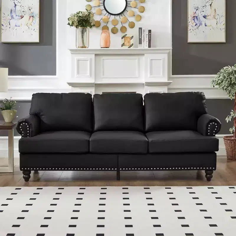 MAYEERTY 83 Modern Three Seater Sofa with Nails Upholstered Initation Cowhide Leather for Living Room Black