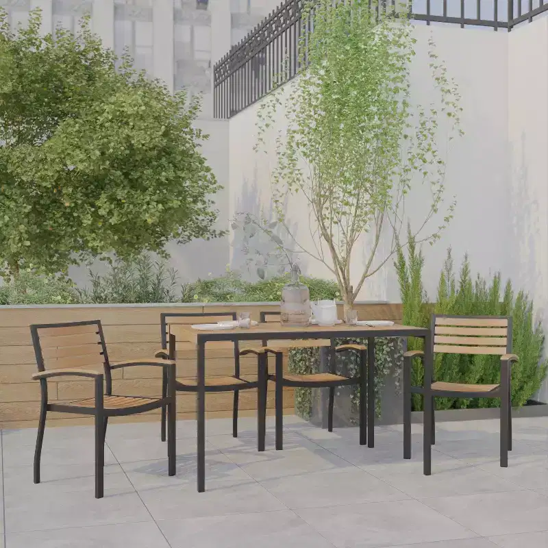 Emma and Oliver 5 Piece Patio Table Set - Synthetic Teak Poly Slats - 30 x 48 Steel Framed Table with Umbrella Holder Hole - 4 Stackable Club Chairs
