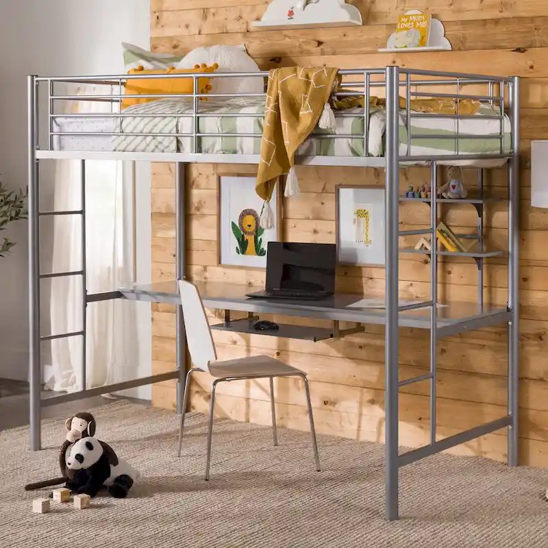 Twin Metal Loft Bed with Built-in Desk, Silver Finish, Space-Saving Design for Teens