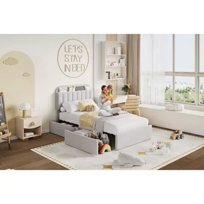 Twin Boucle Upholstered Platform Bed for Kids, Grey, with Storage Headboard/Bookcase/2 Drawers, Noise-Free, Easy Assembly, No Box Spring Need, Modern