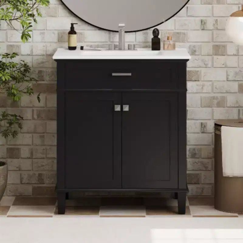 30-Inch Bathroom Storage Cabinet with Ceramic Basin, Soft Door Closure, and Adjustable Shelf