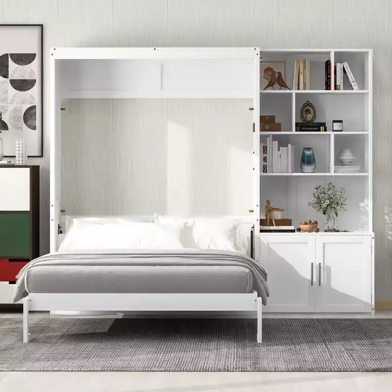 Full Size Murphy Bed Wall Bed with Storage Shelves, Folding Wall Bed with Cabinet for Bedroom Guest Room, White