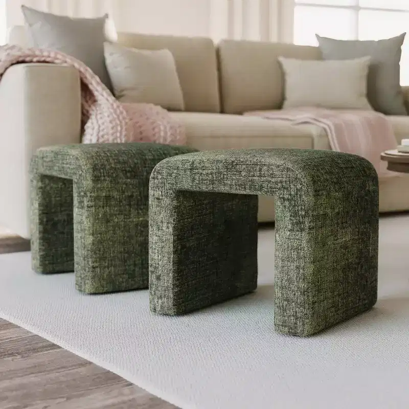 Jofran,Modern Curved Upholstered Waterfall Jacquard Petite Ottoman Bench - Set of 2
