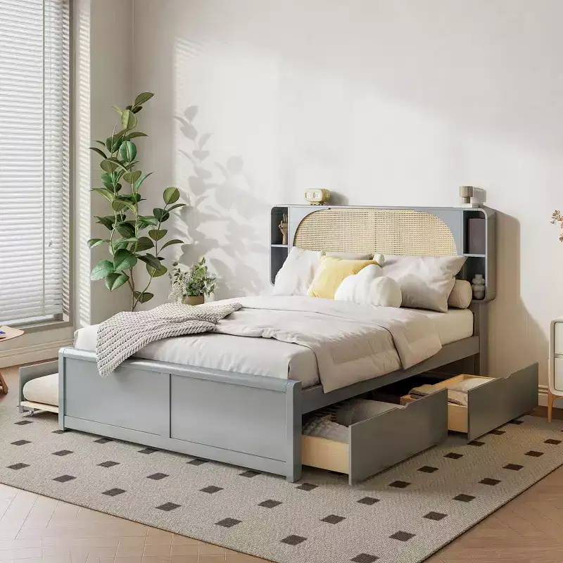 Queen Size Bed Frame with Trundle, Wood Platform Bed with Rattan Headboard & 2 Drawers, Wooden Slats Support, No Box Spring Required