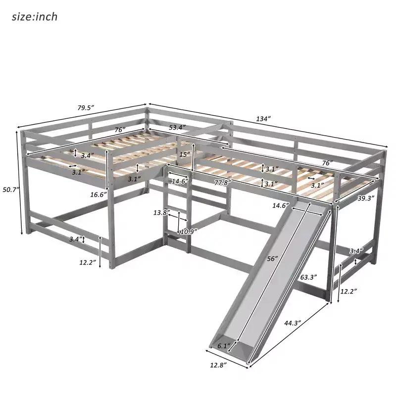 L Shaped Bunk Bed for 4 Kids, Quad Bunk Bed with Slide Full and Twin Wood Bunk Frame for Bedroom Dorm