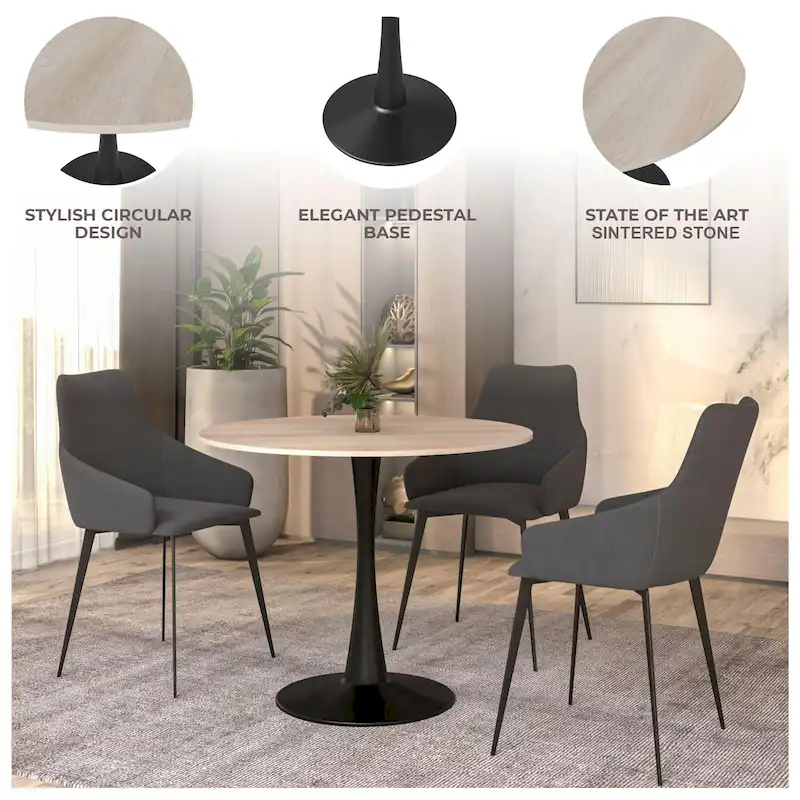 35in Round Dining Table with Sintered Stone Tabletop, Black Steel Pedestal Base, Scratch-Resistant