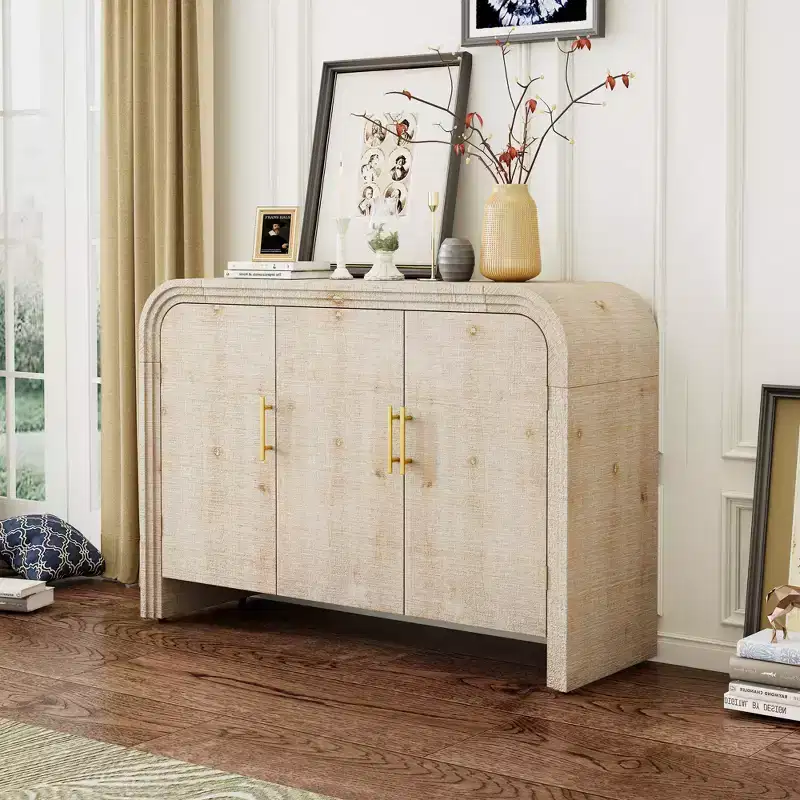 MAYEERTY Retro Curved Sideboard with Gold Handles Adjustable Divides for Living Room Dining Room Natural