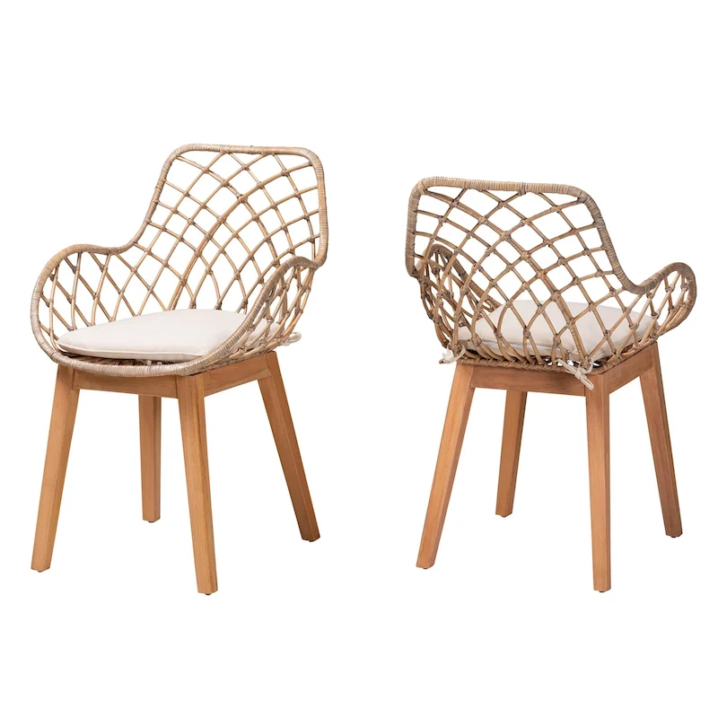 Bohemian Rattan Dining Chair Set of 2 with Cushion and Armrests