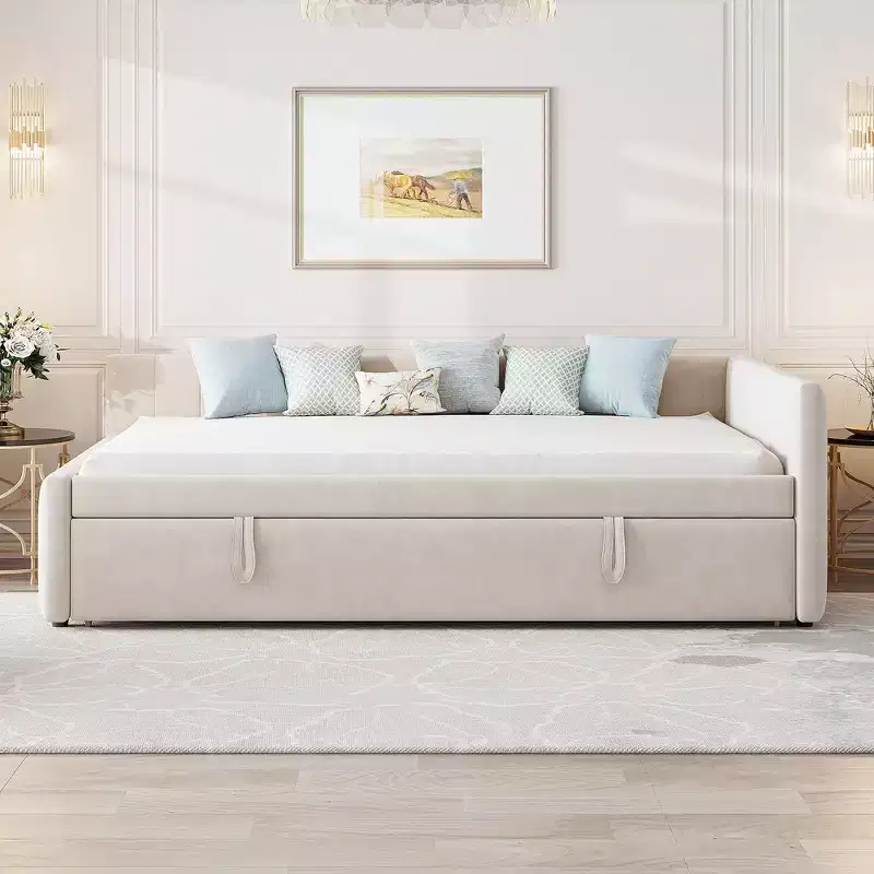 Whisen Upholstered Full Size L-Shaped Daybed with Twin Size Pop Up Trundle