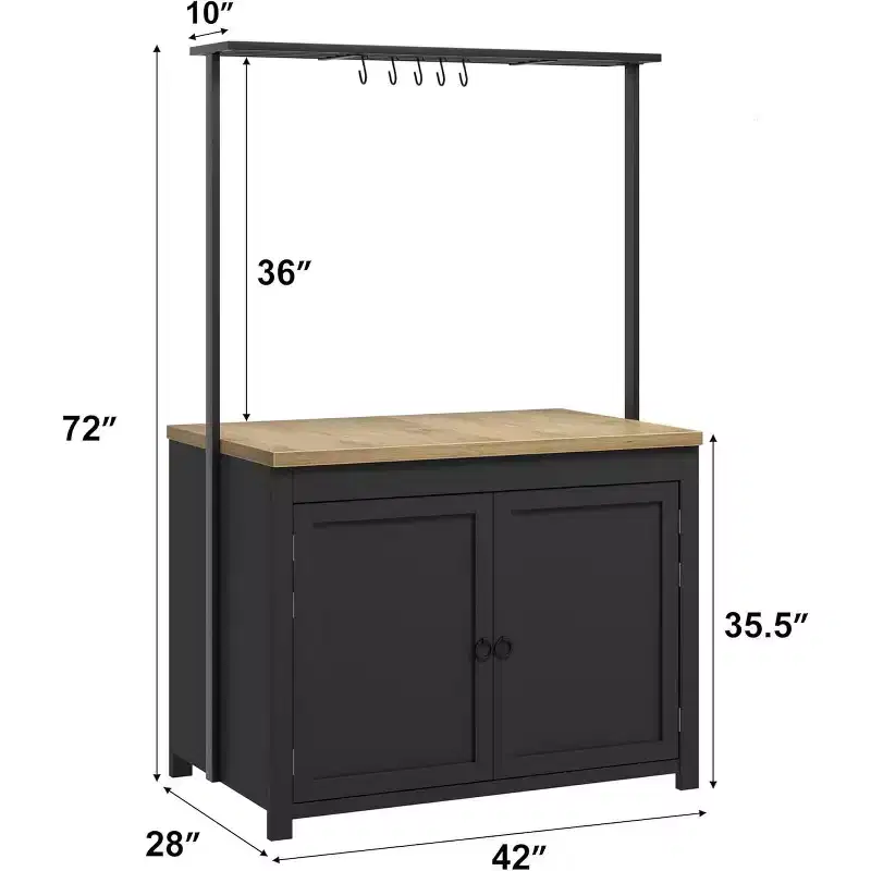 42 Black & Natural Kitchen Island with Storage Mobile Kitchen Cart with Wood Countertop, Shelves & Hooks