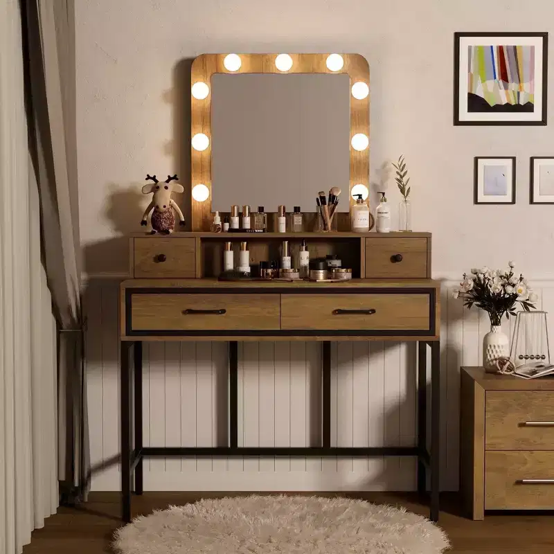 Heynemo Makeup Vanity Table with 3 Color Dimmable Lighted Hollywood Mirror, Makeup Vanity with 4 Drawers